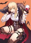  1girl :d alcohol armored_boots ascot bangs bat bat_hair_ornament black_gloves blonde_hair blush boots cape commentary cup drinking_glass english_commentary eyebrows_visible_through_hair fang finger_to_mouth flugel_(kaleido_scope-710) fur-trimmed_cape fur_trim girls_frontline glint gloves green_eyes gun hair_ornament half_gloves halloween highres holding holding_cup holster knee_boots long_hair long_sleeves looking_at_viewer o-ring one_knee open_mouth orange_background red_cape shirt simple_background smile solo sparkle thigh_holster thigh_strap thighs weapon welrod_mk2_(girls_frontline) white_neckwear white_shirt wine wine_glass wristband 