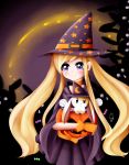  1girl 1other animal blonde_hair blush candy chandelly deviantart exceru-karina halloween human long_hair looking_at_viewer moon_print object_hug original rabbit smile star_print stell_the_witch violet_eyes witch witch_hat 
