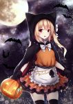  1girl :d animal animal_ears animal_hood apron bangs bat black_bow black_cape black_gloves black_legwear blush bow cape commentary crystal english_commentary eyebrows_visible_through_hair fake_animal_ears flandre_scarlet frilled_apron frills full_moon gloves glowing halloween halloween_basket highres holding hood hood_up hooded_cape kashiwagi_yamine light_brown_hair long_hair looking_at_viewer moon night night_sky one_side_up open_mouth orange_shirt orange_skirt pleated_skirt red_eyes shirt skirt sky smile solo star_(sky) starry_sky thigh-highs touhou waist_apron white_apron white_bow wings 