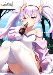  1girl animal_ears artist_name azur_lane bangs bare_shoulders blurry blurry_background blush bottle camisole commentary_request depth_of_field drinking eyebrows_visible_through_hair hair_between_eyes hair_ornament hairband highres holding holding_bottle jacket knees_together_feet_apart laffey_(azur_lane) lo_xueming long_hair long_sleeves open_clothes open_jacket panties pink_hair pink_jacket rabbit_ears red_eyes red_hairband sidelocks solo strap_slip striped striped_panties thigh-highs twintails underwear white_camisole white_legwear 