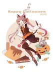  2girls :3 animal_ears asagumo_(kantai_collection) black_legwear black_skirt blush brown_hair candy cat_ears dessert detached_sleeves english_text fake_animal_ears fake_tail food fork fur_trim hair_ribbon halloween holding jack-o&#039;-lantern lollipop long_hair minigirl multiple_girls open_mouth pie pleated_skirt pumpkin ribbon shakemi_(sake_mgmgmg) silver_hair skirt tail twintails yamagumo_(kantai_collection) 