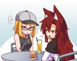  2girls :d :t =3 alternate_costume animal_ear_fluff animal_ears bangs bare_shoulders baseball_cap beer_mug black_gloves black_tank_top blonde_hair blue_background blush brown_hair casual chair commentary contemporary cup dress drinking_glass drinking_straw english_commentary eyelashes fang finger_to_chin fingerless_gloves flying_sweatdrops from_behind gloves grey_headwear hair_between_eyes halftone halftone_background hand_up hat ice ice_cube imaizumi_kagerou joutouguu_mayumi long_sleeves looking_at_another multiple_girls nail_polish open_mouth red_eyes red_nails short_hair sitting smile table tank_top touhou upper_body white_background white_dress wolf_ears wool_(miwol) yellow_eyes 