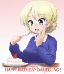 1girl bangs birthday_cake black_neckwear blonde_hair blue_eyes blue_sweater braid cake character_name commentary darjeeling dated daxz240r dress_shirt eating english_text eyebrows_visible_through_hair food fork fruit girls_und_panzer gradient gradient_background happy_birthday highres holding holding_fork light_blush long_sleeves necktie open_mouth pink_background saucer school_uniform shirt short_hair smile solo st._gloriana&#039;s_school_uniform strawberry sweater tied_hair twin_braids v-neck white_shirt wing_collar 