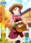  1irl ascii_media_works blush brown_eyes bushiroad character_name dress hat long_hair love_live! love_live!_school_idol_festival love_live!_sunshine!! official_art purple_hair sakurauchi_riko solo sunrise_(studio) thanksgiving 