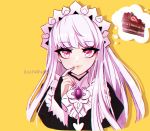 1girl artist_name bridal_gauntlets cake closed_mouth fire_emblem fire_emblem:_three_houses fire_emblem_fates food gem imagining knifewaifu long_hair lysithea_von_ordelia maid maid_headdress pink_eyes simple_background smile solo upper_body white_hair yellow_background 