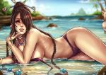  1girl ass beach bikini bikini_top_removed blurry bracelet braid breasts brown_hair chin_rest depth_of_field eyelashes final_fantasy final_fantasy_x hair_ornament hair_over_one_eye hair_up in_water jewelry kachima kanzashi large_breasts leg_up lips long_hair looking_to_the_side lulu_(ff10) mountain navel necklace ocean palm_tree purple_bikini purple_nails red_eyes sideboob smile solo summer swimsuit thighs tree very_long_hair wet 