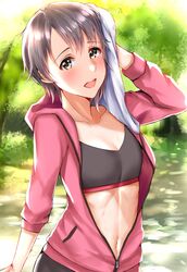  1girl black_sports_bra blush breasts collarbone drying grey_eyes grey_hair highres hood hooded_jacket idolmaster idolmaster_cinderella_girls jacket navel older open_mouth otokura_yuuki partially_unzipped pink_jacket sg_(esujii) short_hair small_breasts smile sweat towel zipper 