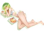  1girl bangs barefoot blush bra c.c. closed_mouth code_geass eyebrows_visible_through_hair food full_body green_hair groin hair_between_eyes highres holding holding_food long_hair looking_at_viewer lying midriff navel on_side panties pizza shiny shiny_hair simple_background solo sports_bra stomach underwear underwear_only white_background white_bra white_panties yellow_eyes zasshu 