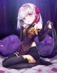  1girl bangs bare_shoulders bbci black_legwear blush breasts commentary_request earrings eyebrows_visible_through_hair fate/grand_order fate_(series) hair_ribbon highres jewelry kama_(fate/grand_order) kneeling looking_at_viewer pillow pink_ribbon purple_pillow red_eyes ribbon short_hair silver_hair small_breasts smile solo thigh-highs 
