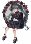  1girl bangs black_bow black_dress black_footwear black_headwear bow closed_mouth commentary danjou_sora dress eyebrows_visible_through_hair flower full_body green_eyes green_hair grey_nails hair_between_eyes hat hatsune_miku high_heels highres long_hair long_sleeves mini_hat nail_polish red_flower shoes smile solo symbol_commentary tilted_headwear twintails very_long_hair vocaloid white_background 