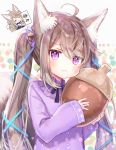  1girl :&lt; :3 ^_^ acorn acorn_hair_ornament ahoge animal_ear_fluff animal_ears brown_hair closed_eyes commentary_request fang fang_out fox_ears fox_girl fox_tail hair_ribbon long_hair long_sleeves original oversized_food pajamas ribbon rukako sleeves_past_wrists tail translation_request twintails violet_eyes 