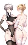  2girls absurdres artoria_pendragon_(all) artoria_pendragon_(lancer) artoria_pendragon_(lancer_alter) ass back bangs bare_shoulders black_gloves black_legwear black_leotard blonde_hair blush braid breasts closed_mouth covered_navel crown elbow_gloves fate/grand_order fate_(series) french_braid garter_straps gloves green_eyes hair_between_eyes hair_bun highleg highleg_leotard highres izaac large_breasts leotard long_hair looking_at_viewer looking_back multiple_girls sidelocks silver_hair simple_background smile thigh-highs thighs under_boob white_background white_gloves white_legwear white_leotard yellow_eyes 