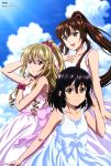  3girls absurdres aiba_asagi black_hair blonde_hair breast_hold breasts brown_eyes brown_hair dress furukawa_hideki green_eyes hair_ribbon high_ponytail highres himeragi_yukina kirasaka_sayaka light_brown_hair long_hair multiple_girls red_eyes ribbon strike_the_blood sundress 