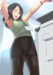  1girl :d armpits arms_up black_hair black_legwear breasts brown_legwear brown_skirt commentary_request copy_machine cowboy_shot crotch_seam from_below green_eyes highres id_card indoors kyuuso_inukami long_hair looking_at_viewer looking_down medium_breasts office_lady open_mouth original panties panties_under_pantyhose pantyhose pantyshot pantyshot_(standing) pencil_skirt skirt sleeveless smile solo standing stretch underwear upskirt watch watch white_panties 