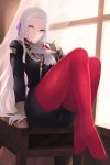  1girl aiguillette arm_support bangs black_jacket black_shorts blue_eyes cait cape closed_mouth cravat crossed_ankles desk edelgard_von_hresvelg fire_emblem fire_emblem:_three_houses floating_hair garreg_mach_monastery_uniform gloves grey_hair hair_ornament hair_ribbon hand_up highres jacket long_hair long_sleeves looking_at_viewer no_shoes pantyhose parted_bangs purple_ribbon red_cape red_legwear ribbon shorts sidelocks sitting sleeve_cuffs solo sunset uniform wind window 