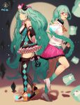  2girls absurdres aqua_hair argyle argyle_legwear arm_at_side arms_behind_back back-to-back bare_shoulders bless_your_breath_(vocaloid) blue_eyes blurry blurry_background braid breasts bug butterfly character_doll circle clenched_hand detached_sleeves diamond_(shape) doll expressionless facepaint fingernails full_body glasses glowing glowing_butterfly gumihiko hat hatsune_miku highres holding holding_staff insect jewelry loafers long_hair long_sleeves looking_at_viewer magical_mirai_(vocaloid) master_(vocaloid) mini_hat mini_top_hat mismatched_legwear multiple_girls number_tattoo open_mouth outstretched_hand pink_skirt pleated_skirt red-framed_eyewear ribbon ring semi-rimless_eyewear shadow shiny shiny_hair shirt shoes shoulder_tattoo single_braid skirt sleeveless small_breasts socks spotlight staff standing standing_on_one_leg striped striped_legwear tattoo teeth thigh-highs top_hat twitter_username upper_teeth very_long_hair vocaloid white_footwear white_shirt zettai_ryouiki 