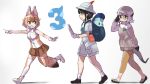  1other 2girls :d adjusting_eyewear androgynous animal_ears backpack bag bangs black_footwear black_gloves black_hair boots brown_eyes brown_hair brown_skirt captain_(kemono_friends_3) dhole_(kemono_friends) dog_ears dog_tail glasses gloves grey_hair hair_between_eyes hat hat_feather highres in_bag in_container kemono_friends kemono_friends_3 light_brown_hair logo long_sleeves looking_at_another lucky_beast_(kemono_friends) meerkat_(kemono_friends) meerkat_ears meerkat_tail multicolored_hair multiple_girls open_mouth outstretched_arm pleated_skirt pointing pointing_forward profile running shirt shoes short_sleeves shorts simple_background skirt sleeveless sleeveless_shirt smile tadano_magu tail thigh-highs walking white_background white_footwear white_gloves white_shorts yellow_eyes 