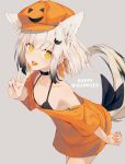  1girl :d animal_ear_fluff animal_ears bare_shoulders black_ribbon cabbie_hat candy collarbone commentary dress english_commentary fang food food_in_mouth grey_background happy_halloween hat leaning_forward lollipop looking_at_viewer mouth_hold nagishiro_mito off_shoulder open_mouth orange_dress orange_headwear original pumpkin_hat ribbon short_sleeves silver_hair simple_background smile solo tail v wide_sleeves yellow_eyes 
