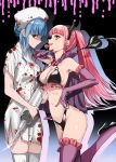  2girls arm_up armpits barefoot bat_earrings between_fingers bikini black_background black_hairband blood bloody_clothes blue_hair blush braid breasts brown_eyes candy closed_mouth demon_tail elbow_gloves fake_horns fang fire_emblem fire_emblem:_three_houses food frilled_bikini frilled_gloves frills glint gloves hairband halloween halloween_costume hat highres hilda_valentine_goneril holding holding_food holding_syringe licking lollipop long_hair looking_at_viewer marianne_von_edmund medium_breasts misu_kasumi multiple_girls nurse nurse_cap o-ring o-ring_bikini o-ring_top oversized_object pink_eyes pink_hair profile purple_background purple_gloves shaded_face short_hair short_sleeves sidelocks simple_background swimsuit syringe tail thigh-highs tongue tongue_out torn_clothes twintails upper_teeth very_long_hair white_legwear 