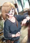  1girl barber belt black-framed_eyewear blue_eyes breasts brown_hair brush cactus chair comb crooked_eyewear curtains cutting_hair dutch_angle earrings glasses hair_ornament hairclip highres indoors jewelry medium_breasts open_mouth original scissors shirt smile standing window wristband yuu-kun_(linke_hand) 