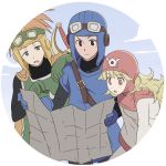  1girl 2boys blonde_hair breasts closed_mouth curly_hair dragon_quest dragon_quest_ii dress gloves goggles goggles_on_head hat hood hyakuen_raitaa long_hair long_sleeves multiple_boys open_mouth prince_of_lorasia prince_of_samantoria princess_of_moonbrook red_eyes spiky_hair sword weapon 