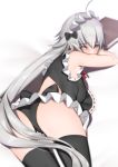  1girl absurdres armpits ass black_legwear black_panties blush breasts fate/grand_order fate_(series) grey_hair highres jeanne_d&#039;arc_(alter)_(fate) jeanne_d&#039;arc_(fate)_(all) long_hair lying maid_headdress mairudo_(mildcoffee1117) on_stomach one_eye_closed panties skirt sleeveless solo thigh-highs underwear very_long_hair white_hair yellow_eyes 