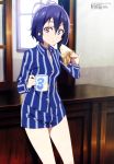  1girl absurdres artist_request bare_legs blue_hair brown_eyes cup eating food highres holding holding_food looking_at_viewer mug sandwich yokota_takumi zombie_land_saga 