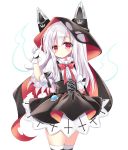  1girl animal_ears azur_lane black_bow black_cape black_skirt blush bow breasts cape chain closed_mouth commentary erebus_(azur_lane) fake_animal_ears glint gloves hood hood_up hooded_cape long_hair looking_at_viewer pleated_skirt puffy_short_sleeves puffy_sleeves red_cape red_eyes shikito shirt short_sleeves simple_background skirt small_breasts solo suspender_skirt suspenders thigh-highs torn_cape torn_clothes very_long_hair white_background white_gloves white_hair white_shirt 