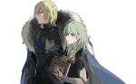  1boy 1girl absurdres bangs blonde_hair blue_cape blue_eyes book breastplate breasts byleth_(fire_emblem) byleth_eisner_(female) cape capelet closed_mouth dimitri_alexandre_blaiddyd eyebrows_behind_hair fire_emblem fire_emblem:_three_houses fur-trimmed_capelet fur_trim green_eyes green_hair hair_between_eyes highres holding holding_book long_hair looking_away profile short_sleeves small_breasts upper_body vambraces zhibuji_loom 