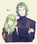  1boy 1girl beard bow brother_and_sister closed_eyes closed_mouth crossed_arms facial_hair fire_emblem fire_emblem:_three_houses flayn_(fire_emblem) garreg_mach_monastery_uniform green_hair hair_ornament highres long_hair long_sleeves open_mouth seteth_(fire_emblem) short_hair siblings simple_background uniform upper_body velahka yellow_bow 