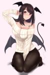  1girl bangs bare_shoulders between_legs black_choker black_hair black_legwear blush breasts brown_eyes choker demon_tail earrings halloween halloween_costume hand_between_legs hand_up head_wings highres jewelry kneeling large_breasts long_hair looking_at_viewer mole mole_on_breast no_shoes off-shoulder_sweater off_shoulder original panties panties_under_pantyhose pantyhose parted_lips pink_background ribbed_sweater sidelocks simple_background sleeves_past_wrists smile solo sweater tail thighs toes underwear untsue white_sweater wings 