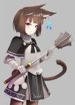  1girl animal_ear_fluff animal_ears bangs black_capelet black_skirt blush breastplate brown_hair brown_legwear capelet cat_ears cat_girl cat_tail closed_mouth commentary_request copyright_request cowboy_shot ear_piercing eyebrows_visible_through_hair gauntlets grey_background holding holding_weapon looking_at_viewer mace mofu_namako multicolored_hair pantyhose piercing red_eyes short_hair simple_background skirt solo tail two-tone_hair weapon 