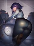  1girl alice_gear_aegis ass belt blue_eyes closed_mouth eyebrows_behind_hair hiro763 looking_at_viewer looking_back ohtori_kasumi pants pantylines purple_hair shoes signature solo uniform 