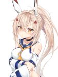  1girl ayanami_(azur_lane) azur_lane bandaid_on_arm choker collarbone commentary_request detached_sleeves hair_ornament hairclip headgear highres long_hair looking_at_viewer midriff orange_eyes parted_lips ponytail retrofit_(azur_lane) silver_hair simple_background solo sutetete white_background wide_sleeves 