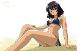  1girl actas_(studio) artist_name bikini black_bikini black_hair blush breasts closed_mouth collarbone covered_nipples eyebrows_visible_through_hair girls_und_panzer green_eyes hoshino_(girls_und_panzer) large_breasts looking_at_viewer matsui_yasutsugu media_factory navel shiny shiny_hair shiny_skin short_hair side-tie_bikini simple_background sitting smile solo swimsuit swimwear white_background 