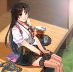  1girl :d ahoge bandeau black_hair black_skirt brown_eyes eyebrows_visible_through_hair grass hadanugi_dousa hair_ribbon highres kantai_collection long_hair low-tied_long_hair medara open_mouth pleated_skirt ribbon shouhou_(kantai_collection) sitting skirt smile tasuki thigh-highs veranda zettai_ryouiki 