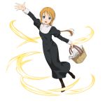  1girl :d arm_up basket black_dress blonde_hair blue_eyes brown_footwear dress floating_hair full_body highres holding holding_basket long_dress long_hair long_sleeves looking_at_viewer low_ponytail nun official_art open_mouth outstretched_arm outstretched_hand ponytail selka_schuberg smile solo standing sword_art_online transparent_background very_long_hair 