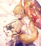  1boy animal_ears backless_outfit bell blonde_hair brown_eyes erune fox_boy fox_ears fox_tail granblue_fantasy hair_bell hair_ornament hair_over_one_eye highres kou_(granblue_fantasy) large_tail looking_at_viewer male_focus open_mouth shigaraki_(strobe_blue) side-tie_legwear sideless_outfit smile tail umbrella 