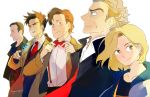  1girl 4boys black_hair blonde_hair blue_eyes bow bowtie brown_eyes brown_hair coat doctor_who eleventh_doctor green_eyes highres hood hoodie jacket looking_at_viewer mogamoka multiple_boys necktie ninth_doctor shirt smile tenth_doctor the_doctor thirteenth_doctor twelfth_doctor white_hair 