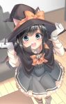  1girl animal_ears asashio_(kantai_collection) bangs black_hair blue_eyes blush boots bow cape cat_ears dress fake_animal_ears frilled_dress frills gloves hat hat_bow highres indoors kantai_collection long_hair long_sleeves numao178 orange_neckwear pinafore_dress shirt sidelocks smile solo striped striped_legwear thigh-highs white_shirt witch_hat 