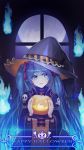  1girl :d alternate_costume black_bow black_headwear blue_eyes blue_fire blue_hair blush bow commentary_request fire full_moon hair_ribbon halloween happy_halloween hat hatsune_miku highres holding jack-o&#039;-lantern long_hair long_sleeves looking_at_viewer moon nani_(goodrich) open_mouth original pink_ribbon pumpkin ribbon robe skull_print smile solo striped upper_body very_long_hair wide_sleeves window witch_hat 