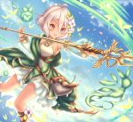  1girl :d antenna_hair bangs bare_shoulders blue_sky blush clouds commentary_request day detached_sleeves dress eyebrows_visible_through_hair flower gatchapowa hair_between_eyes hair_flower hair_ornament holding holding_spear holding_weapon kokkoro_(princess_connect!) long_sleeves looking_away open_mouth outdoors pointy_ears polearm princess_connect! princess_connect!_re:dive puffy_long_sleeves puffy_sleeves see-through see-through_sleeves silver_hair sky sleeveless sleeveless_dress smile solo spear v-shaped_eyebrows violet_eyes weapon white_dress white_flower 