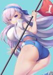  1girl ass azur_lane bangs belfast_(azur_lane) blue_background blue_buruma blue_footwear braid breasts buruma closed_mouth eyebrows_visible_through_hair flag gym_shirt gym_uniform highres holding holding_flag koflif large_breasts long_hair looking_at_viewer looking_to_the_side outline puffy_short_sleeves puffy_sleeves purple_hair shirt shoe_soles shoes short_sleeves smile solo standing standing_on_one_leg very_long_hair violet_eyes white_outline white_shirt 