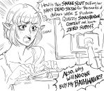  1girl angry bb_(baalbuddy) belle_delphine collarbone computer elf highres keyboard_(computer) monitor monochrome original pointy_ears sketch solo speech_bubble tears typing 