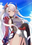  1girl absurdres antenna_hair azur_lane bangs black_legwear blush breasts brown_eyes closed_mouth commentary_request eyebrows_visible_through_hair floating_hair garter_straps hair_between_eyes headgear highres iron_cross large_breasts long_hair long_sleeves looking_at_viewer mole mole_on_breast multicolored_hair nephthys2356 prinz_eugen_(azur_lane) redhead sideboob silver_hair sitting solo streaked_hair swept_bangs thigh-highs thighs two_side_up very_long_hair 