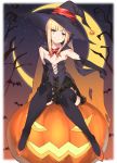  1girl bangs bare_shoulders bat black_cape black_headwear black_legwear blonde_hair breasts cape commentary_request crescent_moon eyebrows_visible_through_hair facial_mark fate/grand_order fate_(series) gloves halloween hat highres long_hair looking_at_viewer lord_el-melloi_ii_case_files moon pumpkin red_footwear reines_el-melloi_archisorte shoes small_breasts smile thigh-highs yuuuuu 