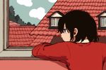  1girl black_hair blue_eyes building clouds freckles from_behind ka_(marukogedago) leaning long_sleeves looking_out_window original red_shirt red_theme rooftop shirt short_hair sky solo tile_roof tree window 