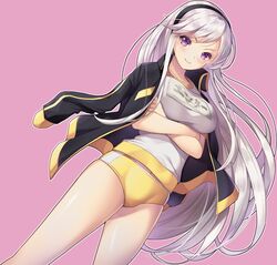  &gt;:) 1girl arms_under_breasts azur_lane bangs black_hairband black_jacket blush breasts buruma closed_mouth crossed_arms enterprise_(azur_lane) eyebrows_visible_through_hair gym_shirt gym_uniform hairband highres jacket jacket_on_shoulders koflif large_breasts long_hair looking_at_viewer name_tag outline pink_background shirt silver_hair smile solo v-shaped_eyebrows very_long_hair violet_eyes white_outline white_shirt yellow_buruma 