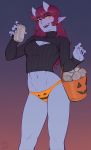  1girl 2019 :d abs absurdres aoi_(ittla) artist_name bangs beer_can black_nails black_sweater blue_skin blush breasts bucket can cleavage_cutout eyebrows_visible_through_hair gradient gradient_background groin hair_between_eyes halloween highres holding holding_can ittla jack-o&#039;-lantern_print long_hair long_sleeves looking_at_viewer midriff navel no_pants oni oni_horns open_mouth orange_eyes orange_panties original panties print_panties redhead ribbed_sweater sharp_teeth simple_background slit_pupils smile solo sweater teeth thick_eyebrows turtleneck turtleneck_sweater underwear 