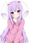  1girl alternate_costume animal_ears bangs blush bright_pupils bunny_girl closed_mouth commentary_request hand_on_own_face highres long_hair long_sleeves looking_at_viewer pink_cardigan purple_hair rabbit_ears reisen_udongein_inaba simple_background solo straight_hair touhou tsukimirin upper_body very_long_hair violet_eyes white_background 